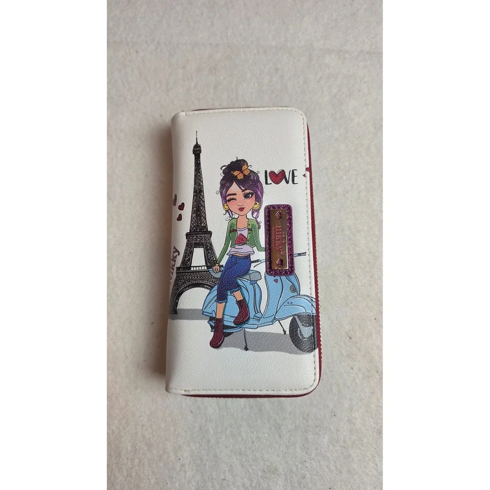 Nikky by Nicole Lee Paris Girl Scooter Double Zip Wallet Retired Art NIB